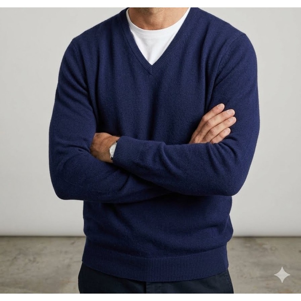Rare Vintage Barrie Scotland Pure New Wool Navy V-Neck Sweater Men's L/XL Retro